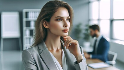 Portrait of a thoughtful businesswoman in an office setting, captured with natural lighting and a longer focal length for a realistic, professional appearance.