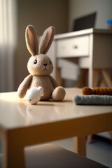 table with a plush toy hare in the baby room. Generative AI,