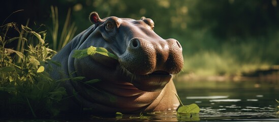 River hippo eating grass in sunlight. - obrazy, fototapety, plakaty