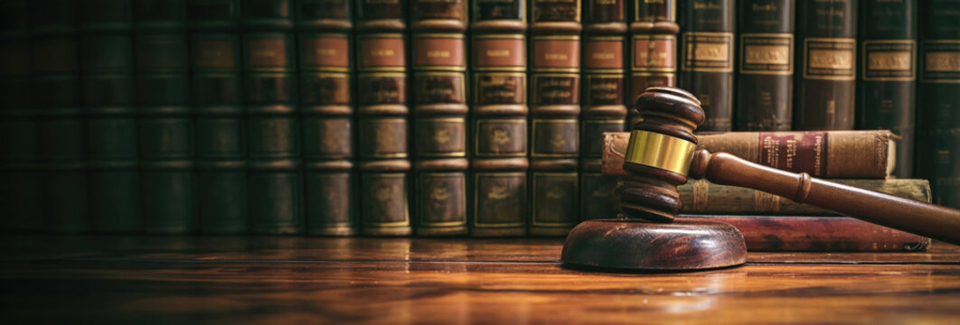Judge gavel and Law books on a wooden office, closeup