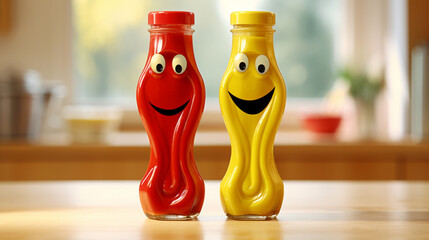 Smiling mustard and ketchup are on the kitchen table - obrazy, fototapety, plakaty