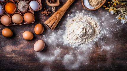 Flour, eggs, and spices elegantly arranged on a rustic wooden table