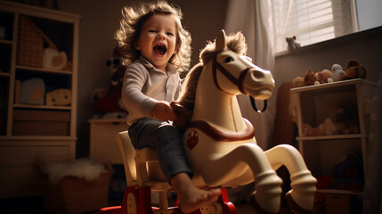 A child swings on a rocking horse in the children's room - obrazy, fototapety, plakaty