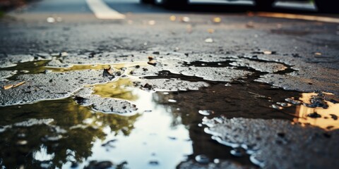 Puddle on the asphalt road in the evening. Rough road. Abstract background.  