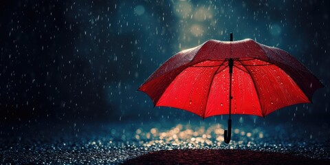Red umbrella in the rain on a dark background