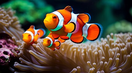 Naklejka na ściany i meble Coral reefs are the habitat of ocellaris clownfish.