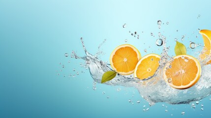 Fresh orange fruit in water splash on blue background. with copy space. Banner 2:1