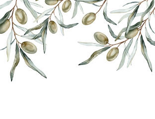 Watercolor banner with green and black olive leaves branches. Olive in bouquet. Decorative element for greeting card. Illustration frame. Pure vegan seasoning.