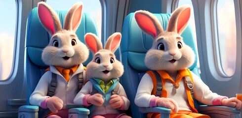 Cute adorable toon family of hares in an airplane seat