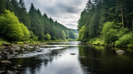 Fototapeta na wymiar In thuringia, germany, there is a river that is surrounded by forests and under a cloudy sky.