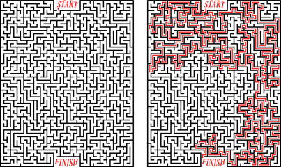 Vector rectangular labyrinth with entry and exit. Difficulty level - hard. Maze with solution - red passing route. Children logic game for brain training isolated on white background.