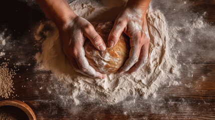 Fototapeta premium Grandmothers hands expertly kneading bread dough on a wooden table