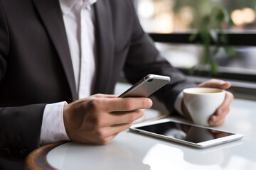 Obraz na płótnie Canvas Analyst businessman holding a coffee cup in one hand and operating a smartphone. Chatting and website search on the internet at a white table in a cafe. Online meeting. Business and global network.