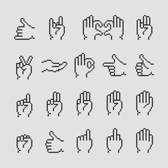 8 bit pixel art hand icons, pixel hands gestures icons set. Game art isolated vector illustration. - obrazy, fototapety, plakaty