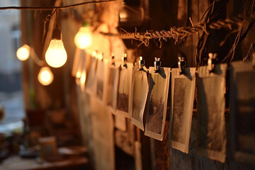 warm tones of analog prints drying on a line, creating a cinematic scene that speaks to the artistry of traditional photography.