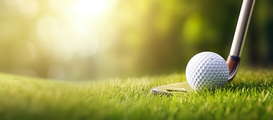 Golf ball in photo On a green field with a bright light effect. generative AI