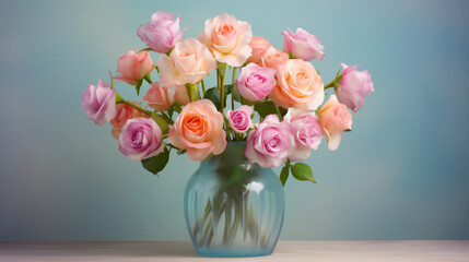 A vibrant still life of pink and orange garden roses arranged in a tall vase, capturing the essence of floristry and the beauty of nature in a stunning display of floral design
