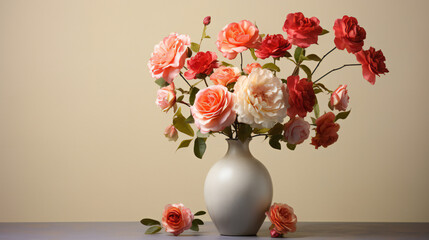 Vibrant garden roses bloom in a delicate vase, bringing life and beauty to a tranquil indoor space