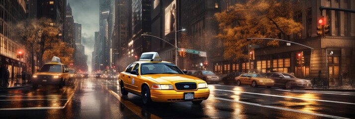 Yellow taxi drives along busy big city streetю Banner 3:1