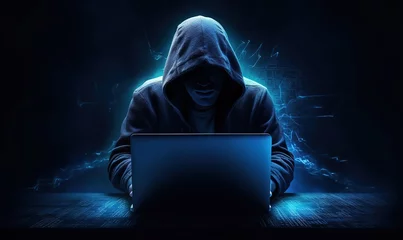 Foto op Plexiglas A hacker wearing a hoodie is hacking data using a laptop © original logo