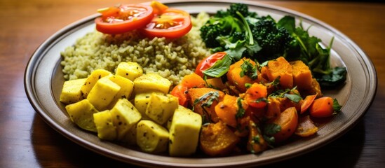 Healthy Indian vegetarian meal, with kodo millet pilaf, tomato, other veggies, kokam juice, and mango chutney.