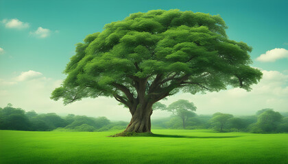 big tree with green field and blue sky - obrazy, fototapety, plakaty
