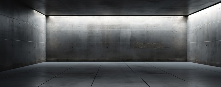 An empty room with textured black walls with white light beams from above