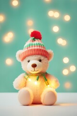 Adorable teddy bear wearing a colorful winter hat lit by soft bokeh lights in the background