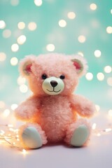 Delightful fluffy bear sits surrounded by twinkling lights with a magical bokeh effect backdrop