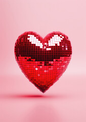 Glistening red disco mirror ball styled as a heart against a pink backdrop symbolizing romance