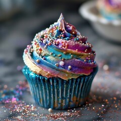 Eye-catching cupcake with a cosmos glaze in vibrant colors, adorned with sparkles and pearls