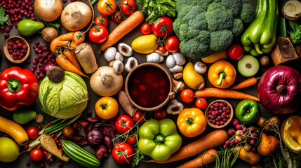 A vibrant mix of vegetables and fruits on display - obrazy, fototapety, plakaty