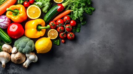 Fresh vegetables elegantly arranged on a dark concrete canvas