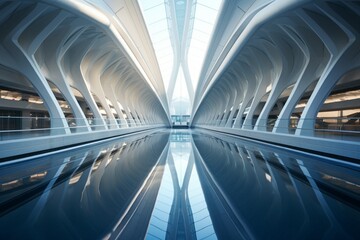 : A symmetrical shot of a futuristic train station, with sleek lines and modern design elements creating a visually striking architectural composition - obrazy, fototapety, plakaty