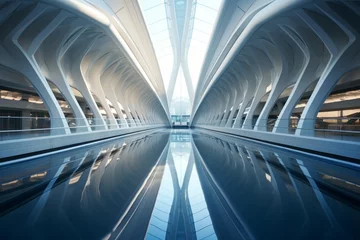 Foto auf Glas : A symmetrical shot of a futuristic train station, with sleek lines and modern design elements creating a visually striking architectural composition © crescent