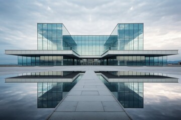 Fototapeta na wymiar : A symmetrical shot of a modern office building, with reflections in the glass facade creating a sense of balance and harmony