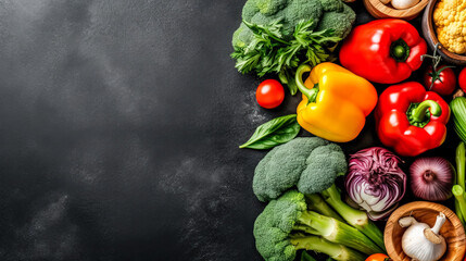 Fresh vegetables elegantly arranged on a dark concrete canvas