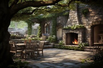 : A tranquil courtyard garden surrounded by ancient stone walls, showcasing the harmonious integration of nature and historic architecture