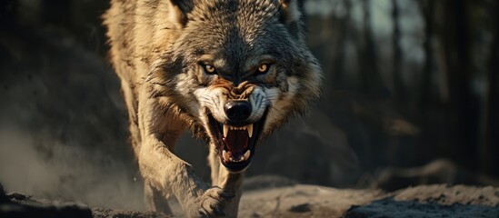 Enraged European wolf guarding prey with fierce gaze.