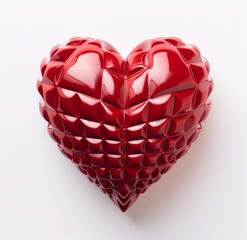 3D glossy red heart with geometric edges on a white background, ideal for romantic concepts