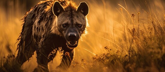 Silhouette of a hyena scavenging in grassy background under morning light.