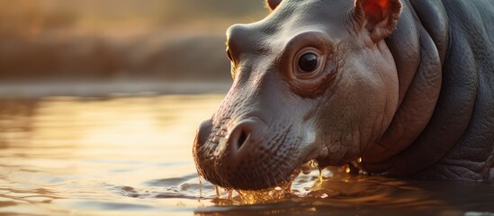 Sunlit close-up of baby hippo drinking milk