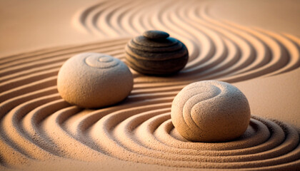 Zen Stones with lines on sand spa harmony concept. Generative AI, - obrazy, fototapety, plakaty