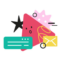 Message letter online chat in the composition of abstract geometric colored shapes star triangle. Creative content communication concept. Flat doodle style. Vector illustration.