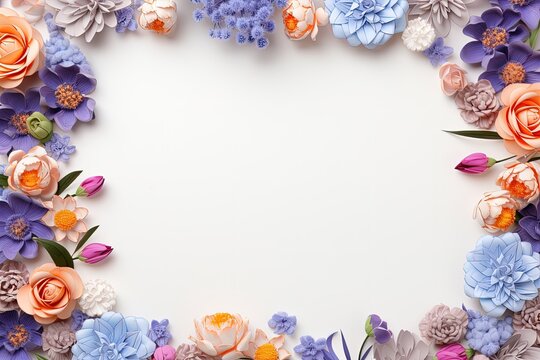 frame with colorful flowers on a white background, in the style of light sky-blue and light purple flat lay background. greeting card for mothers day, valentine day copy space