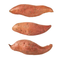 Sweet potato or sweetpotato three whole tubes with red skin isolated transparent png. Vegetable food staple.