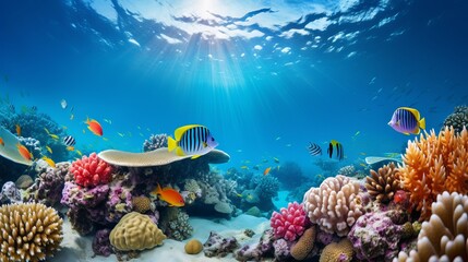 Fototapeta na wymiar An underwater adventure that involves exploring blue sea life, reefs, and fish.