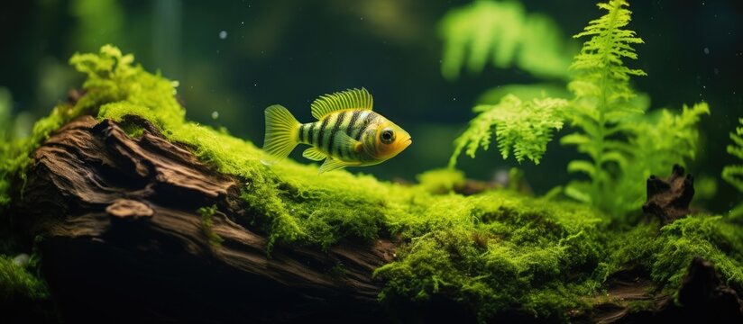 Aquarium fish called green tiger barb with moss flocking.