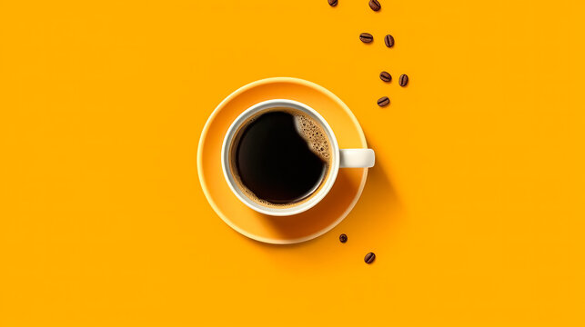 Top view of a white cup filled with aromatic coffee on a cheerful yellow background © Алла Морозова