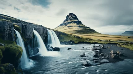 Wall murals Kirkjufell During the day in iceland, there is a waterfall on kirkjufell mountain.